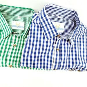 Bavaria Trachten Button Down Lot 2 Pk XL Gingham Contrast Cuff Roll Tab Sleeve